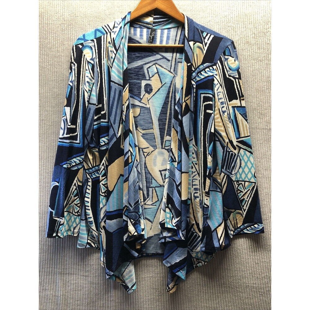 Fashque Studio Cardigan Womens Blue Geometric Waterfall Front Avant Garde Arts